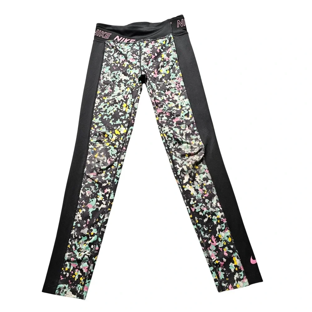 Nike Pro Girls Dri-FIT Splatter Print Leggings Black Multi Color Size L Gymwear